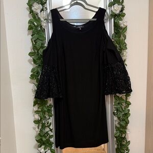 R&M Richards Black Cold Shoulder Dress with Lace & Sequins Bell Sleeves